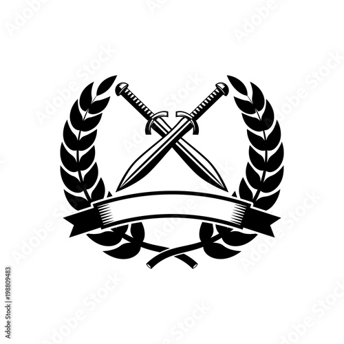 Emblem template with crossed swords. Design element for logo, label, emblem, sign.