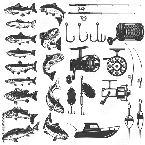 Set of fishing icons. Fish icons, fishing rods. Design element for logo, label, emblem, sign.