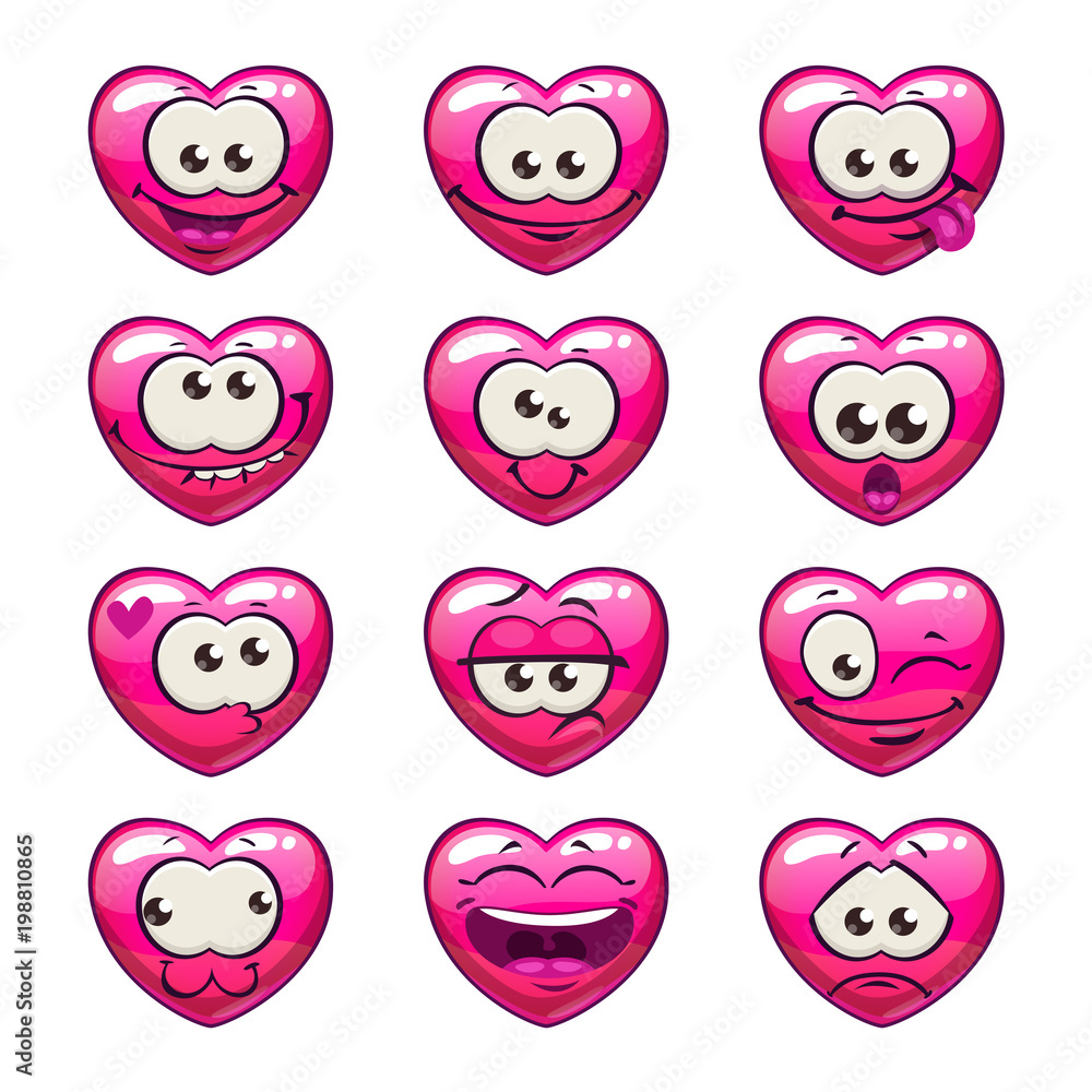 Fototapeta premium Cute cartoon pink heart emoji set.