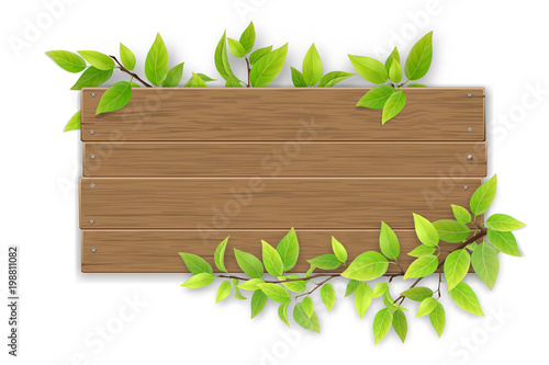 Empty wooden sign with space for text on a background of tree branches with green leaves. The template for a banner or an advertisement for a seasonal discount.