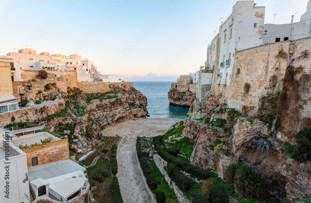 Morning view of Polignano A Mare town. Famous Italian rocky beach. South of Italy.