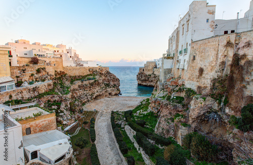 Morning view of Polignano A Mare town. Famous Italian rocky beach. South of Italy.