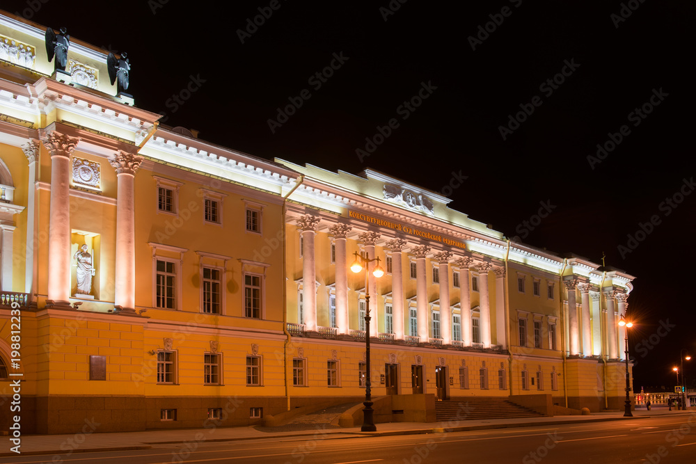 RUSSIA, SAINT PETERSBURG - AUGUST 18, 2017:  Building of the Russian constitutional court, building of library of a name of Boris Yeltsin, night illumination, long exposure light