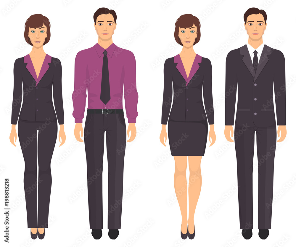 Men and women standing in full growth in formal clothes. Couples in elegant and casual clothes. Basic wardrobe. Vector illustration, isolated.