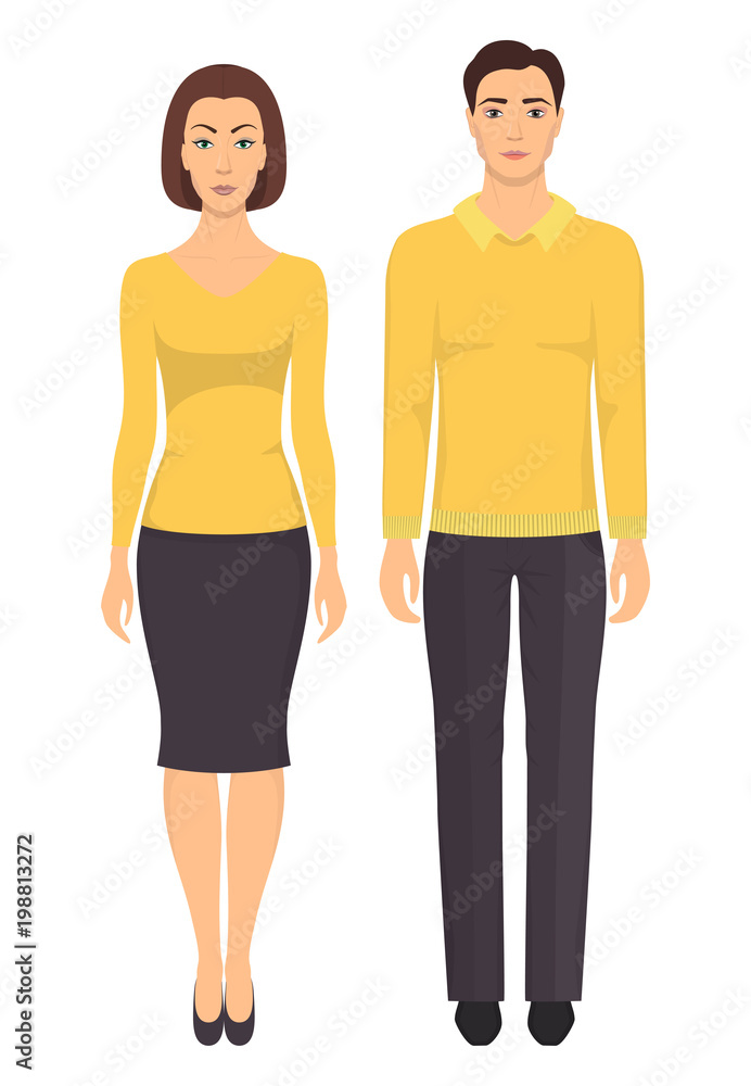 Couple in elegant clothes. Young man and woman standing in full growth in casual clothes. Basic wardrobe. Vector illustration, isolated. Couple in elegant clothes. Young man and woman standing in full growth in casual clothes. Basic wardrobe. Vector illustration, isolated.