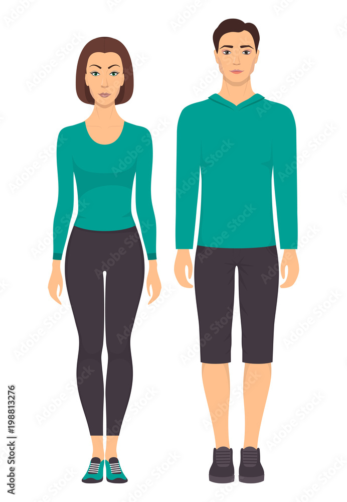 Couple in sportswear. Young man and woman standing in full growth in sports clothes for exercises in gym, running, fitness. Vector illustration, isolated. Couple in sportswear. Young man and woman standing in full growth in sports clothes for exercises in gym, running, fitness. Vector illustration, isolated.