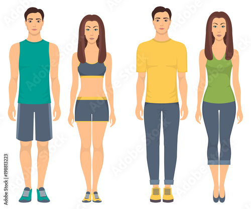 Couples in sportswear. Young men and women standing in full growth in different sports clothes for exercises in gym, running, fitness. Vector illustration, isolated.