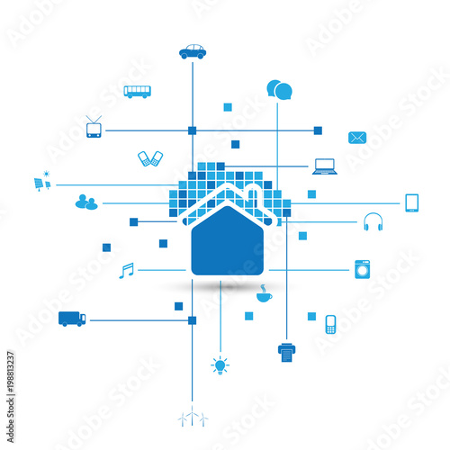 Cloud Computing, IoT, Home Automation Design Concept with Icons - Digital Network Connections, Technology Background