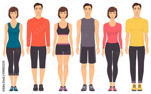 Couples in sportswear. Young men and women standing in full growth in different sports clothes for exercises in gym, running, fitness. Vector illustration, isolated.
