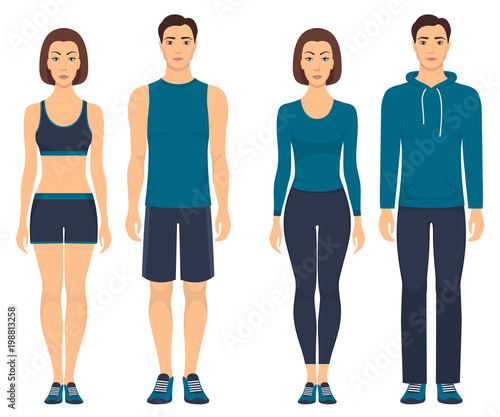 Couples in sportswear. Young men and women standing in full growth in different sports clothes for exercises in gym, running, fitness. Vector illustration, isolated.