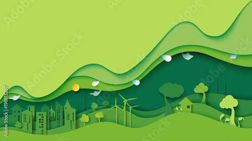 Plakat Ekologii i środowiska konserwaci pomysłu pojęcia kreatywnie projekt Zielony eco miastowy miasta i natury krajobrazowy tło tapetuje sztuka styl również zwrócić corel ilustracji wektora.