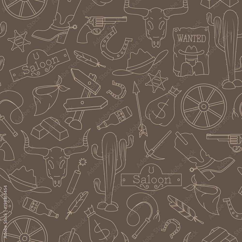 Seamless pattern of the topic of piracy and sea travel outline icons, beige outline on a brown background Seamless pattern of the topic of piracy and sea travel outline icons, beige outline on a brown background