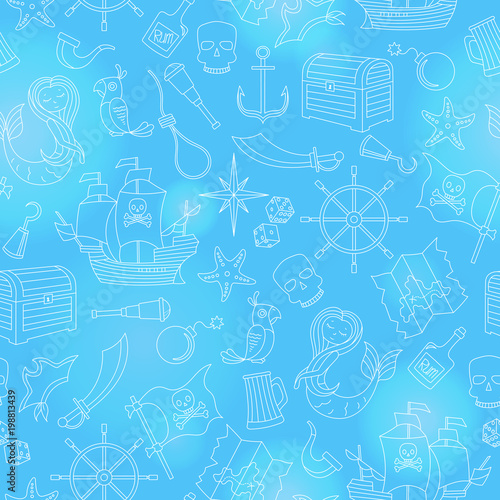 Seamless pattern of the topic of piracy and sea travel outline icons, light contour on blue background