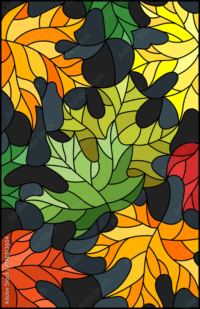Illustration in stained glass style with colorful leaves on dark background Illustration in stained glass style with colorful leaves on dark background