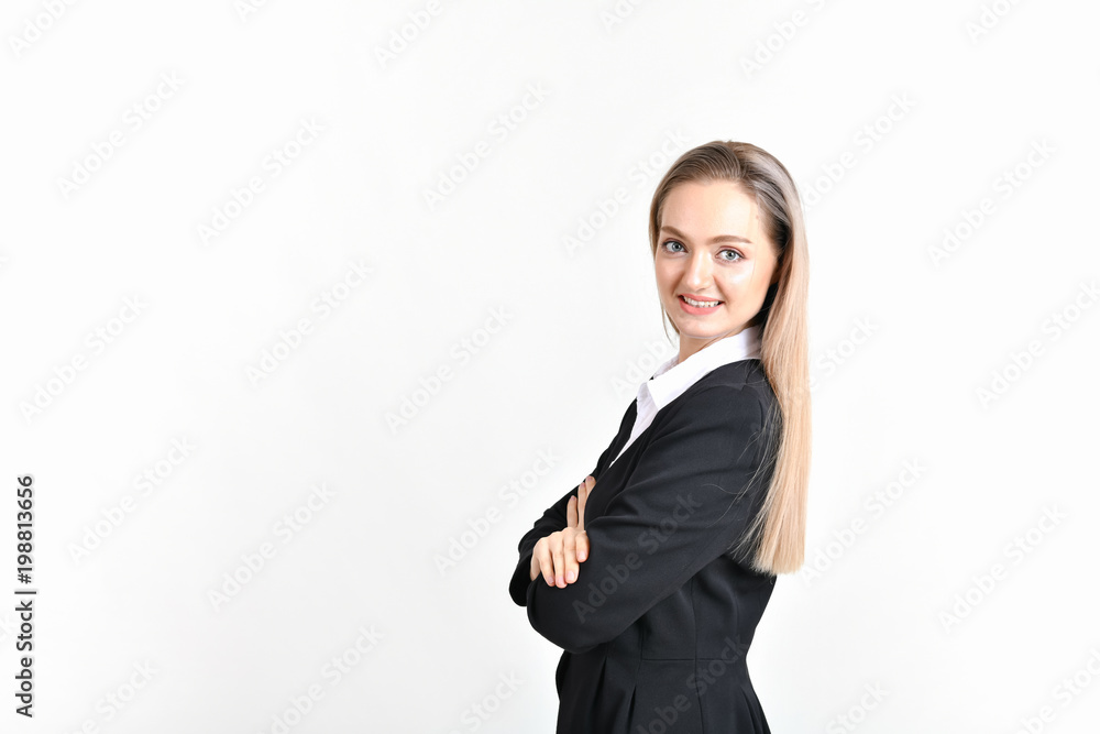 Business Concept. Beautiful businesswoman poses confidently. Beautiful young businesswoman looks charming and trustworthy. Young businesswoman has leadership on a white background. Business Concept. Beautiful businesswoman poses confidently. Beautiful young businesswoman looks charming and trustworthy. Young businesswoman has leadership on a white background.