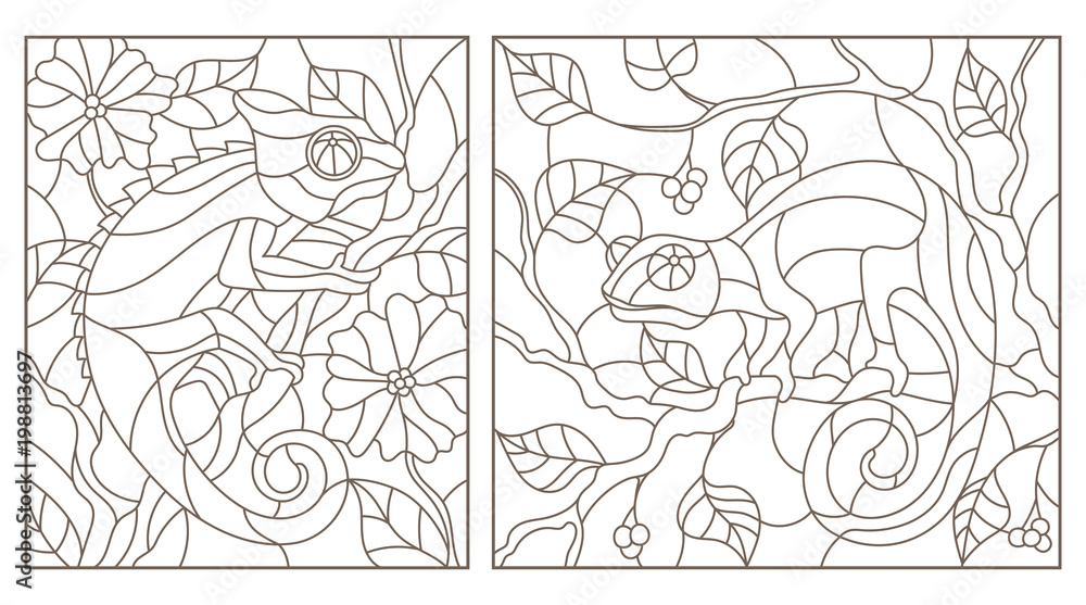 Fototapeta premium Set of contour illustrations of stained glass Windows with chameleons on tree branches dark contours on a light background