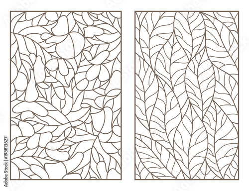 Set of outline illustrations of stained glass Windows with leaves of different trees, dark outlines on light background