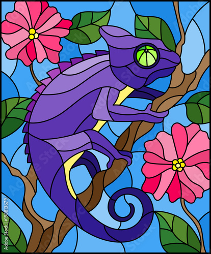 Illustration in stained glass style with bright purple chameleon on plant branches background with leaves and flowers on blue background