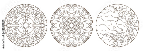 Set contour illustrations of stained glass, round stained glass floral, dark outline on a white background