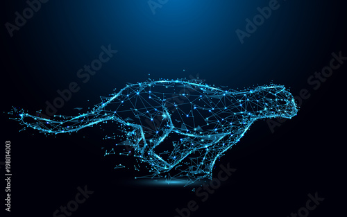 Fotografia Abstract cheetah running form lines and triangles, point connecting network on blue background