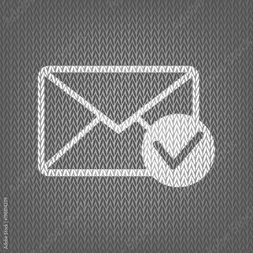 Mail sign illustration with allow mark. Vector. White knitted ic