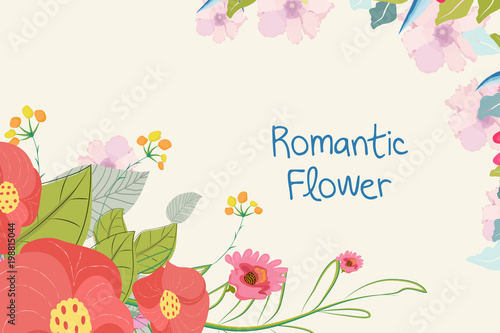 Romantic invitation. Wedding, marriage, bridal, birthday, Valentine's day. Colorful blooming branches background. Isolated