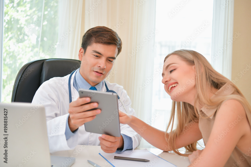 Health Concepts. The doctor is examining the patient's health. Patients are happy to come to the doctor. Medical examination results and Medical Consultation for Patients. The patient relaxes. Health Concepts. The doctor is examining the patient's health. Patients are happy to come to the doctor. Medical examination results and Medical Consultation for Patients. The patient relaxes.