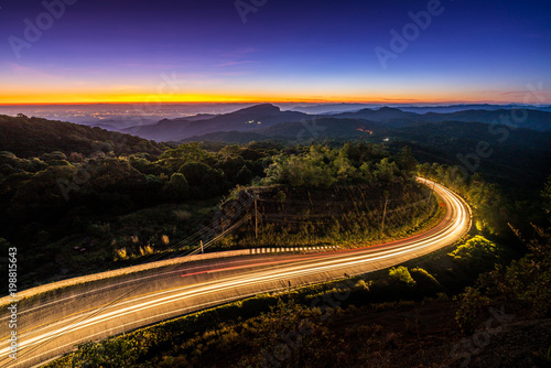 Early morning sunrise over hills, Inthanon national park, Chiang Mai, Thailand.