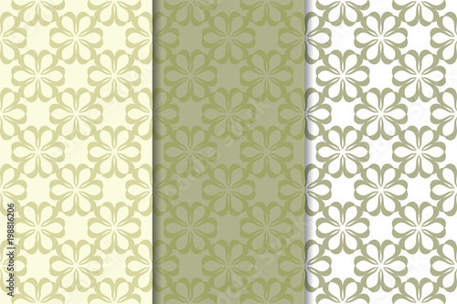 Set of  olive green floral backgrounds. Seamless patterns