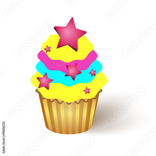 Delicious cake with candy on white background.