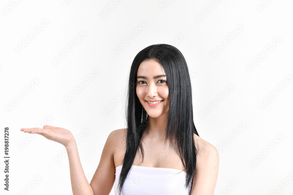 The concept of healthy beautiful woman. Beautiful women keep healthy. Beautiful women are present. Beautiful woman pointing fingers on white background. The concept of healthy beautiful woman. Beautiful women keep healthy. Beautiful women are present. Beautiful woman pointing fingers on white background.