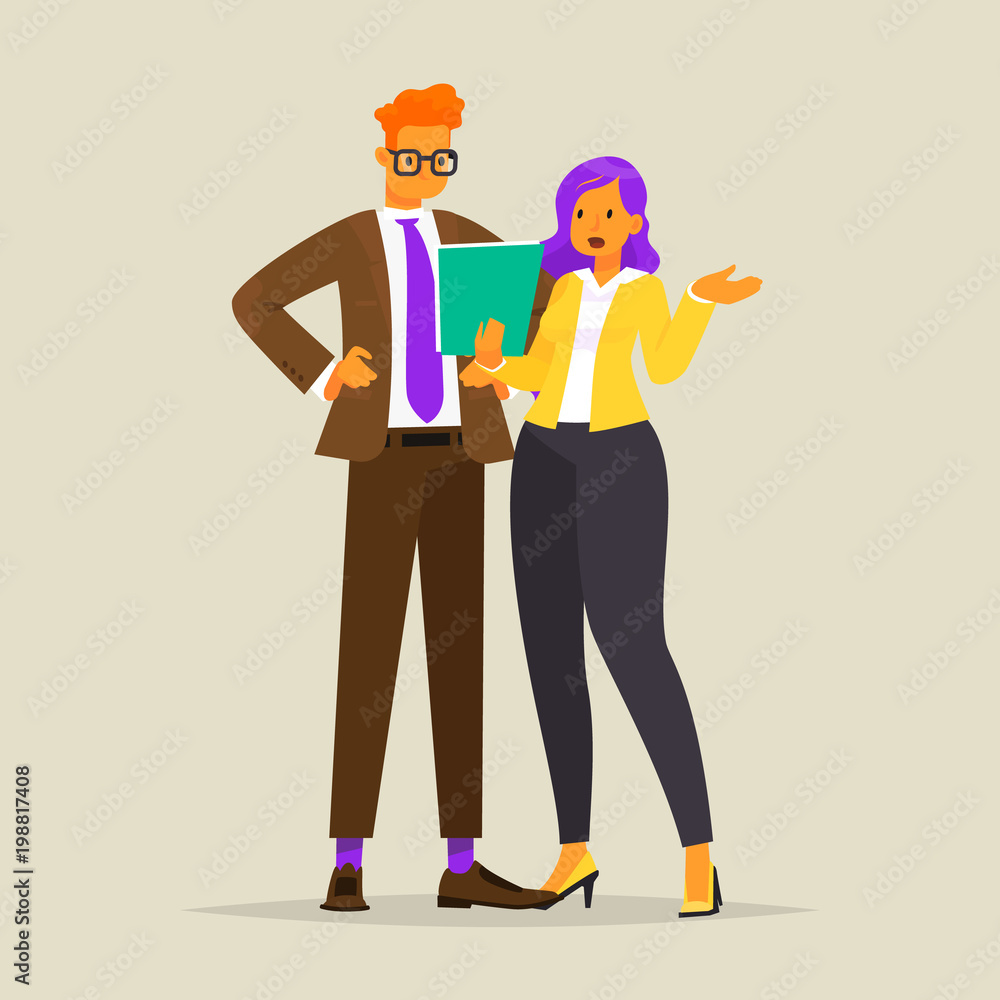 Conversation of two business people. Discussion of the work. Vector illustration Conversation of two business people. Discussion of the work. Vector illustration