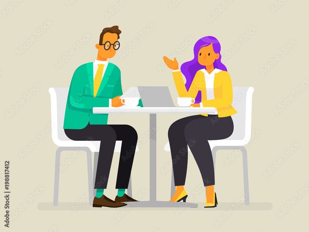 Conversation of business people. A man and a woman are discussing the project. Vector illustration