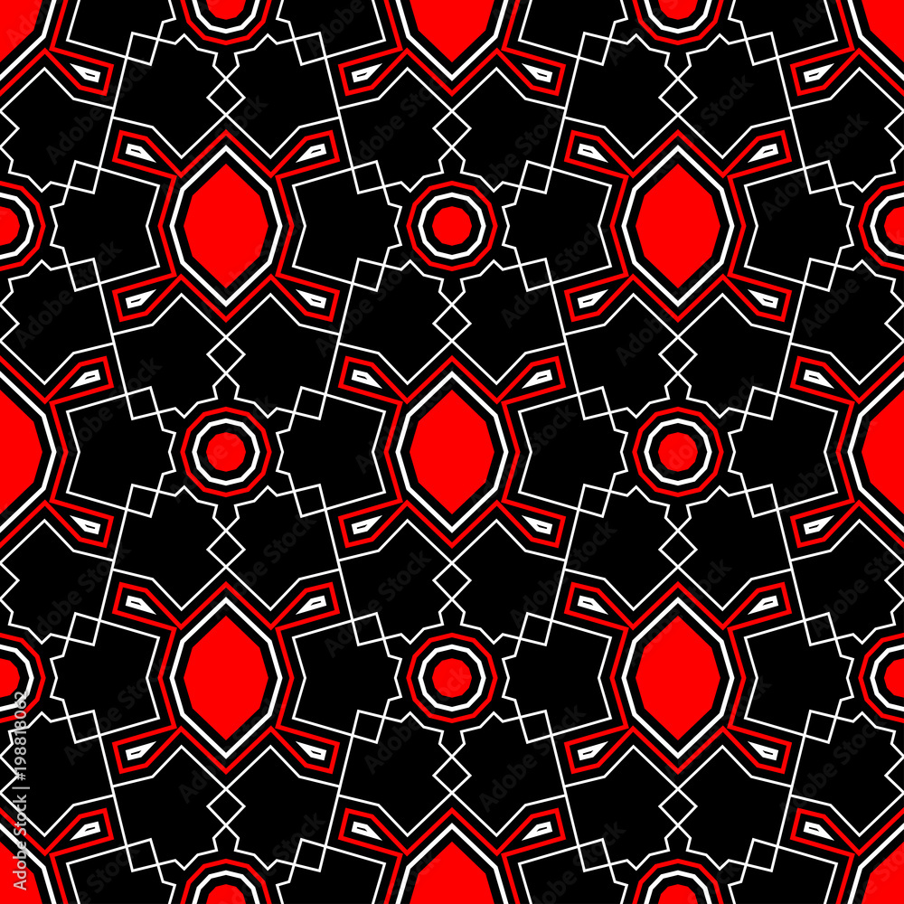 Red and white geometric designs. Seamless black background Red and white geometric designs. Seamless black background