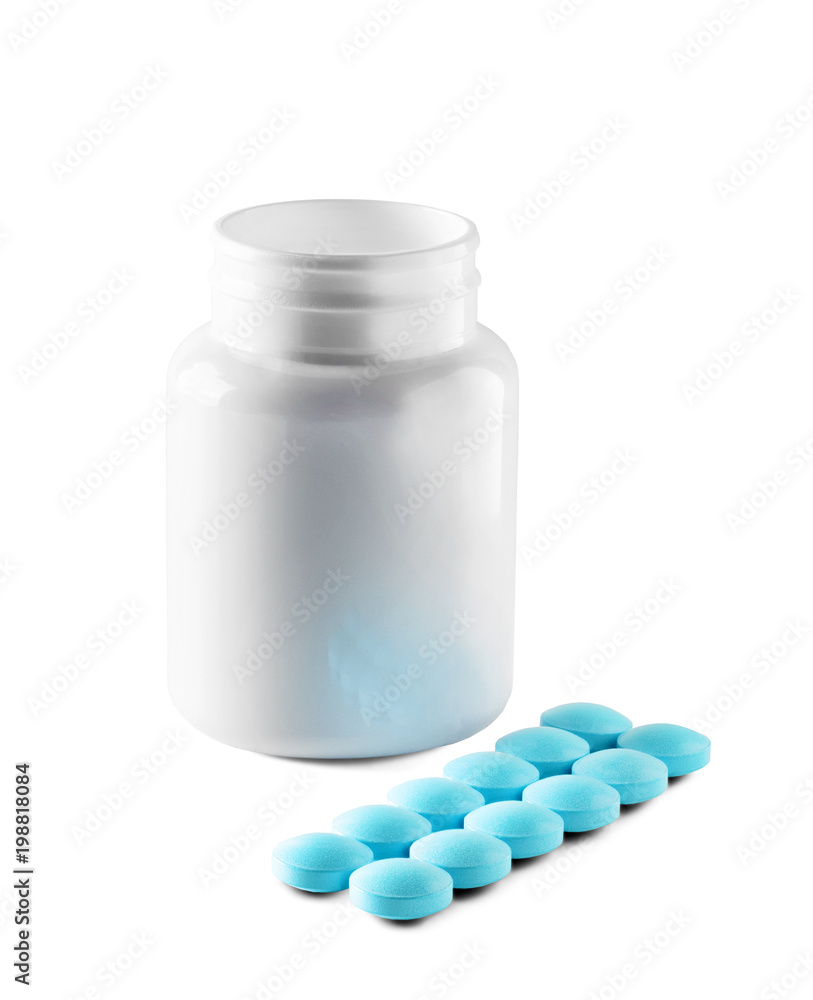 Medical blue pills and white bottle on white isolated background. Concept of healthcare and medicine. Medical blue pills and white bottle on white isolated background. Concept of healthcare and medicine.