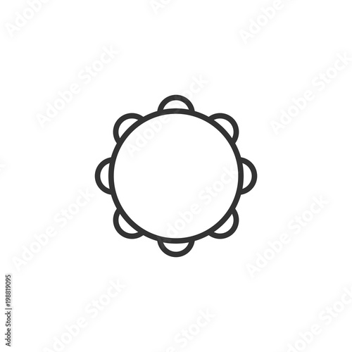 Black isolated outline icon of tambourine on white background. Line Icon of percussion musical instrument.