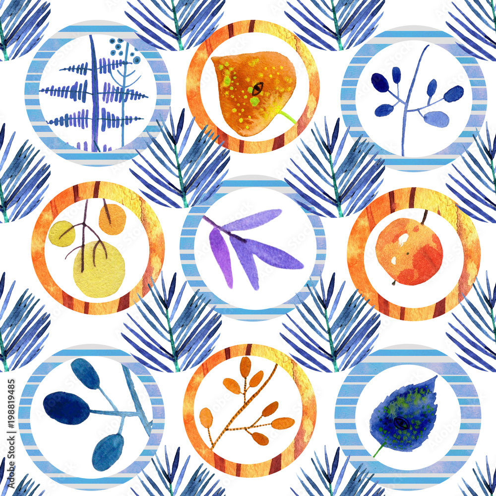 Trendy floral exotic seamless pattern with hand texture and geometric elements. Watercolor illustration with circle Trendy floral exotic seamless pattern with hand texture and geometric elements. Watercolor illustration with circle