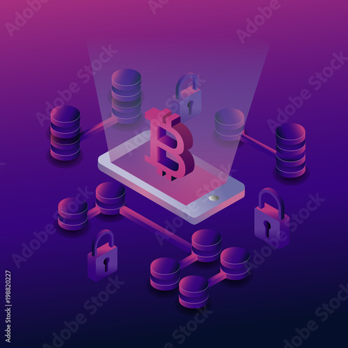 isometric bitcoin and security blockchain system. vector illustration