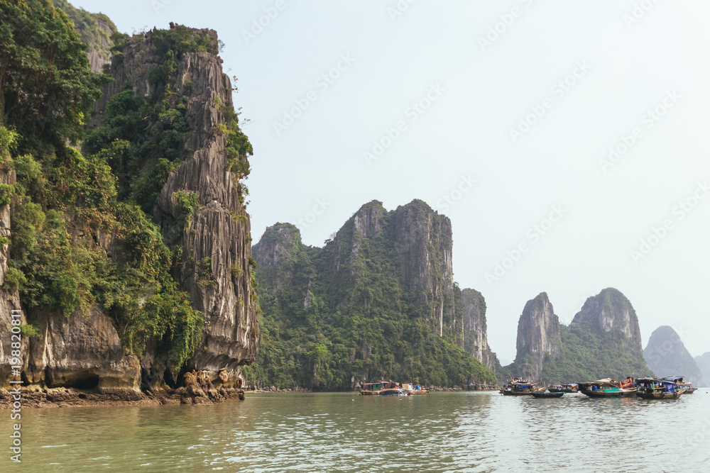 Towering limestone islands over emerald water with growing trees on it that view from cruising tourist boat in summer at Quang Ninh, Vietnam.