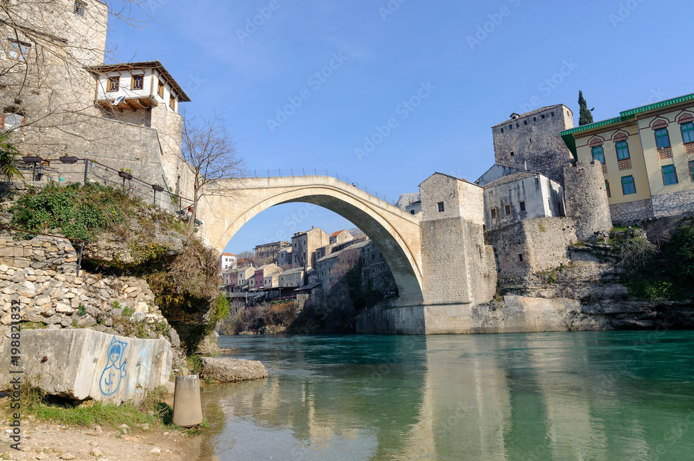 Stari Most (Old Bridge) panaroma landscape city of Mostar in Bosnia