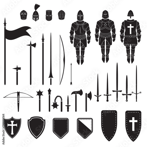 Warriors series - Medieval knights equipment, weapons and armor. Vector.