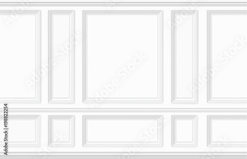 White wall decorated with moulding panels. Classic interior decor of the living room. Seamless vector background.