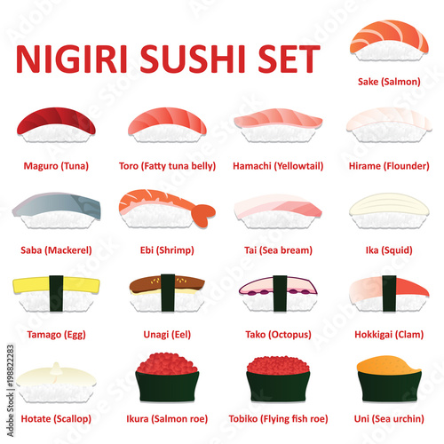 Nigiri sushi icon set. Japanese cuisine. Vector. 