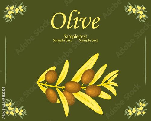 Olive oil label template.Vector decorative gold and yellow olive branch on the dark green background.For labels,pack.Isolated, hand drawn vector