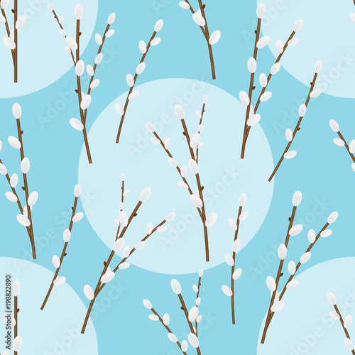 Seamless easter pattern with stylized willow branches.Endless floral texture for your design,announcements,greeting cards, posters,advertisement.Blue background with circles