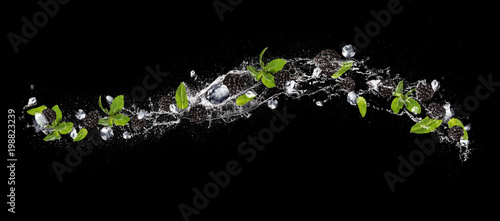 Blackberries and ice cubes falling in water splash on black background