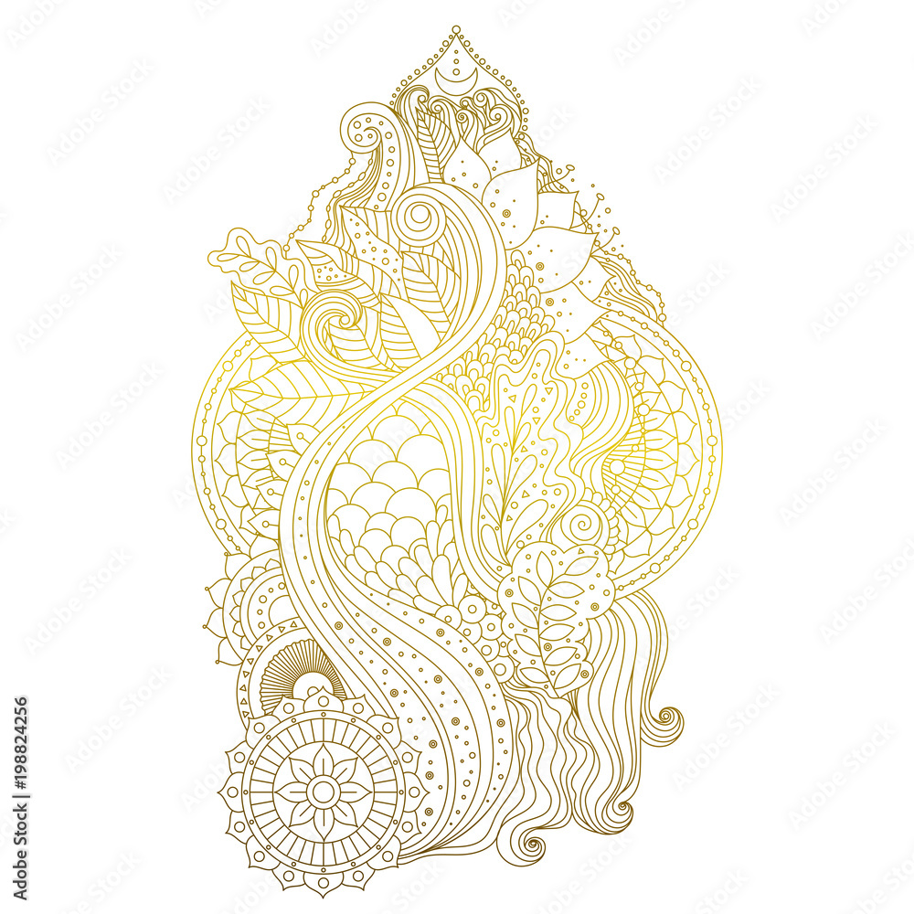 Golden mehndi hand drawn ornament with lotus flower and mandalas. Traditional floral Indian pattern, isolated design element for tattoo or stickers, prints in boho hippie style. Vector illustration.