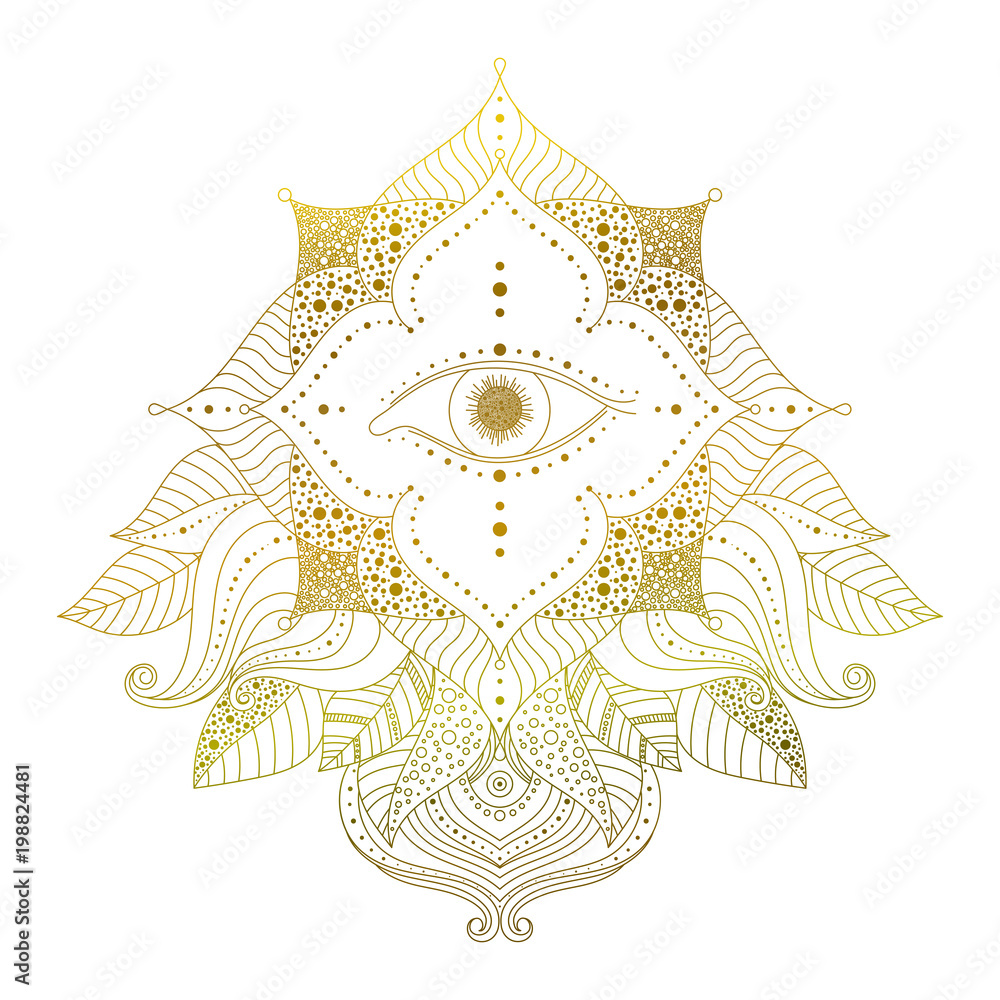 Hand drawn golden eye mehendi pattern. Isolated spiritual sacred decorative element in boho ethnic style for mehndi tattoo, stickers, yoga or clothes design. Vector art.