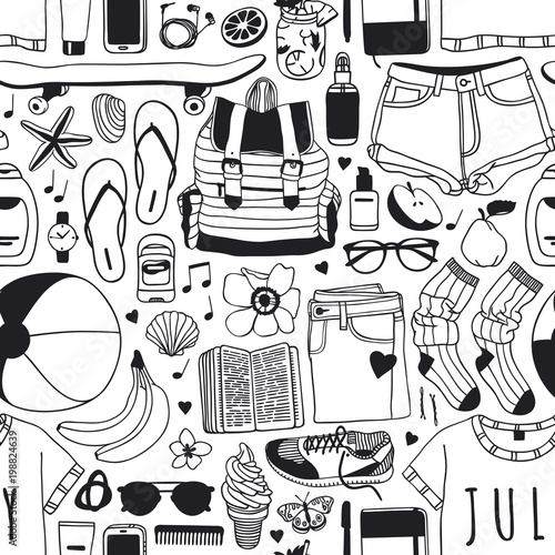 Hand drawn summer seamless pattern. Tropical vector background. Artistic doddle drawing. Creative ink art work. Fashion illustration season objects