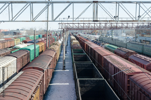 Passenger and freight rail transportation, railway industry.Cars on the platform.